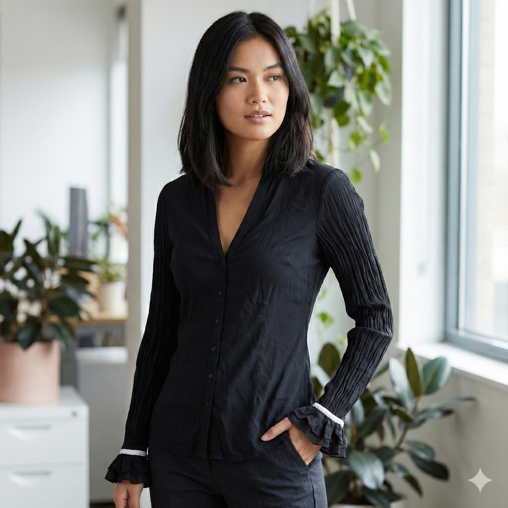 bebe Black Pleated Button Down Blouse